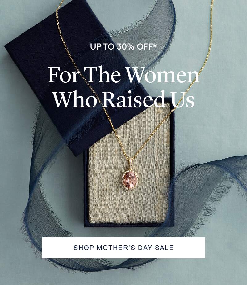 Mother's Day sale banner featuring a morganite and diamond halo pendant in a blue gift box with silk ribbons