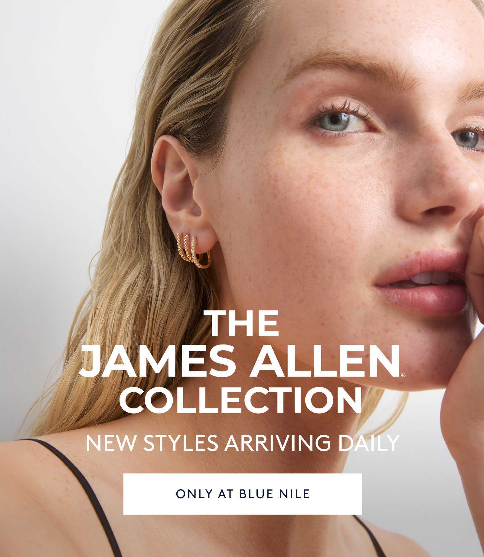James Allen Collection featuring a woman wearing elegant gold hoop earrings, only at Blue Nile